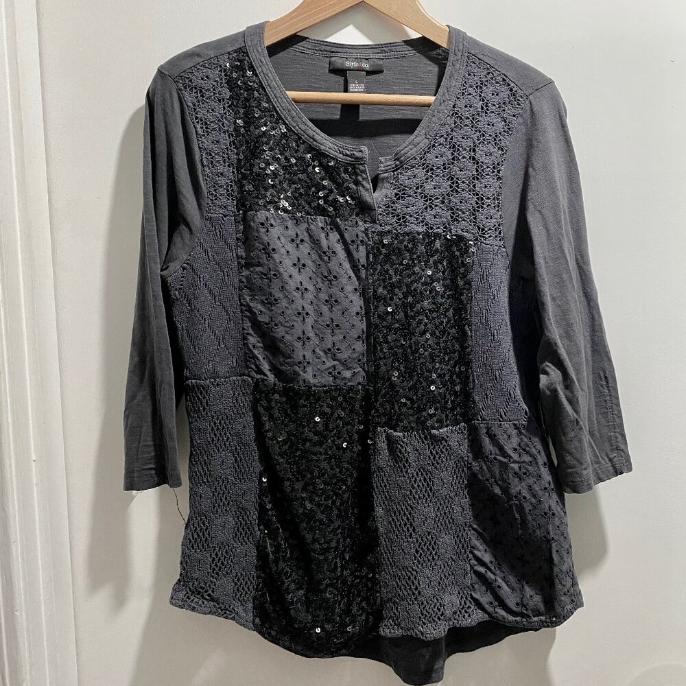 Style &Co Grey Whimsigoth Grunge Boho Artsy Lace Sequin Patchwork Blouse Top L